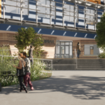 architects drawing of the front of a school with students sitting on benches and walking