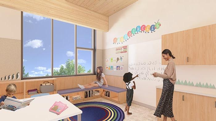 an architects drawing of a classroom with an adult and a child at a white board