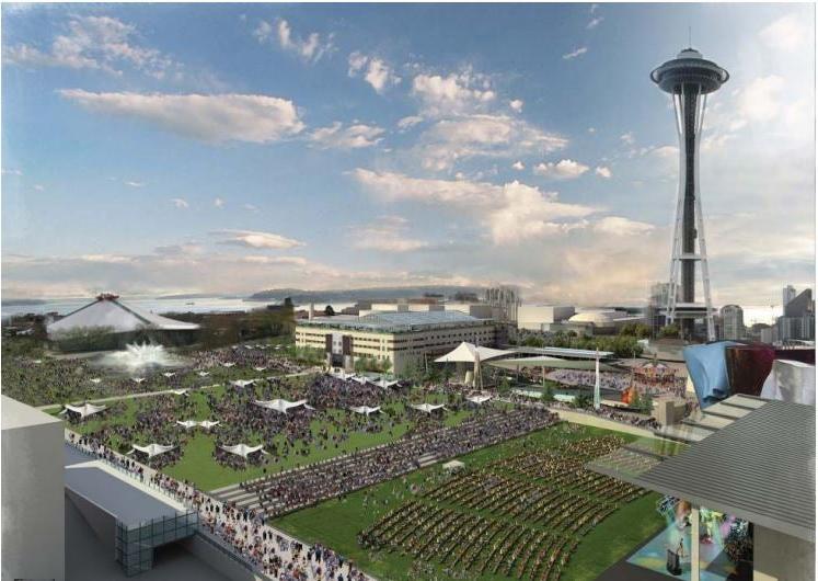 a color drawing of a large green area in front of the space needle -there are people in curved seats facing a stage, other people on stepped seating, and a large number of people on an open lawn with canopy tents. The Armory and the Climate Pledge Arena can be seen in the background