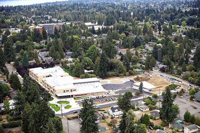 high angle view of a large building and trees