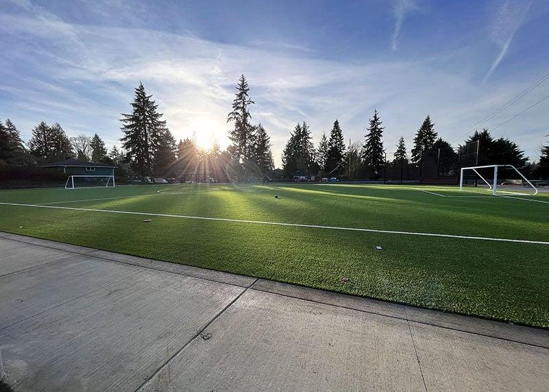 a green grass playfield with a concrete walkway