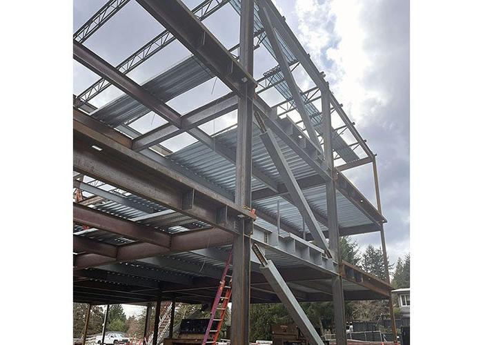 Steel structure of columns and beams under construction