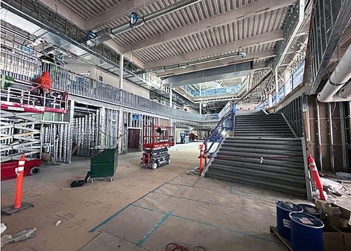 interior of a large stairway going up ina large open space