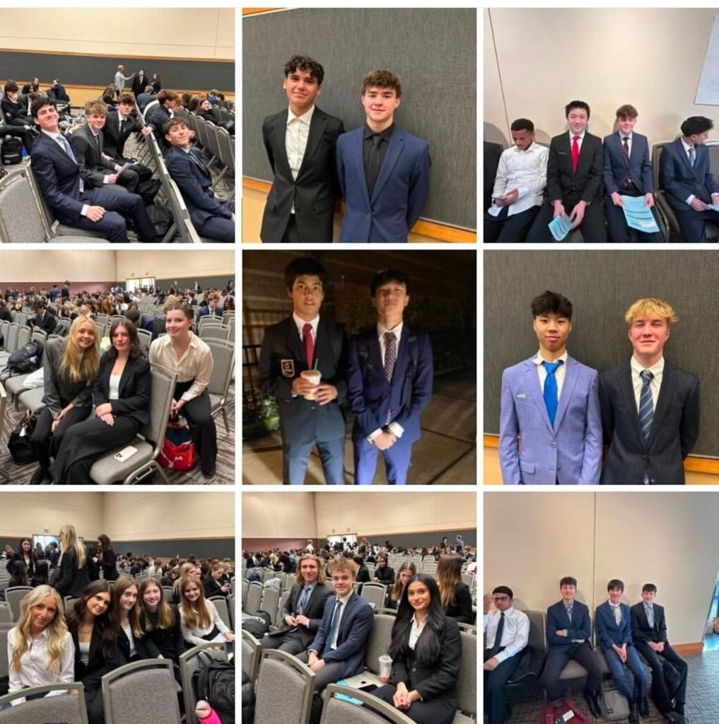 9 photos of students sitting and standing at DECA competition