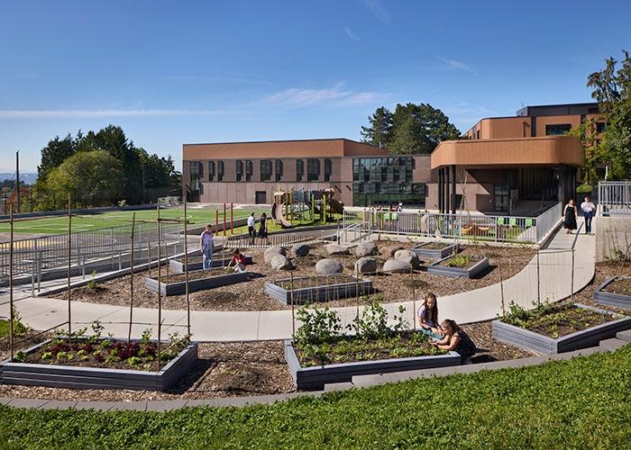 raised garden beds with a playground and then a school building behind