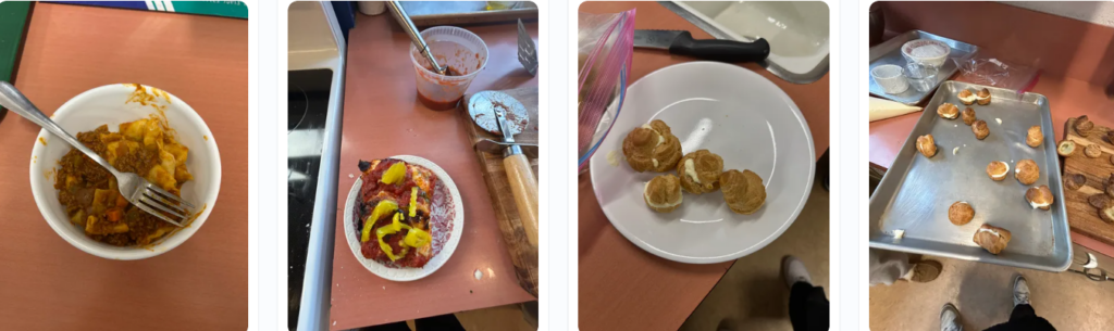 Screenshot from padlet showing food that students cooked.Four images from left to right: cream puffs, cream puffs, pizza, pasta